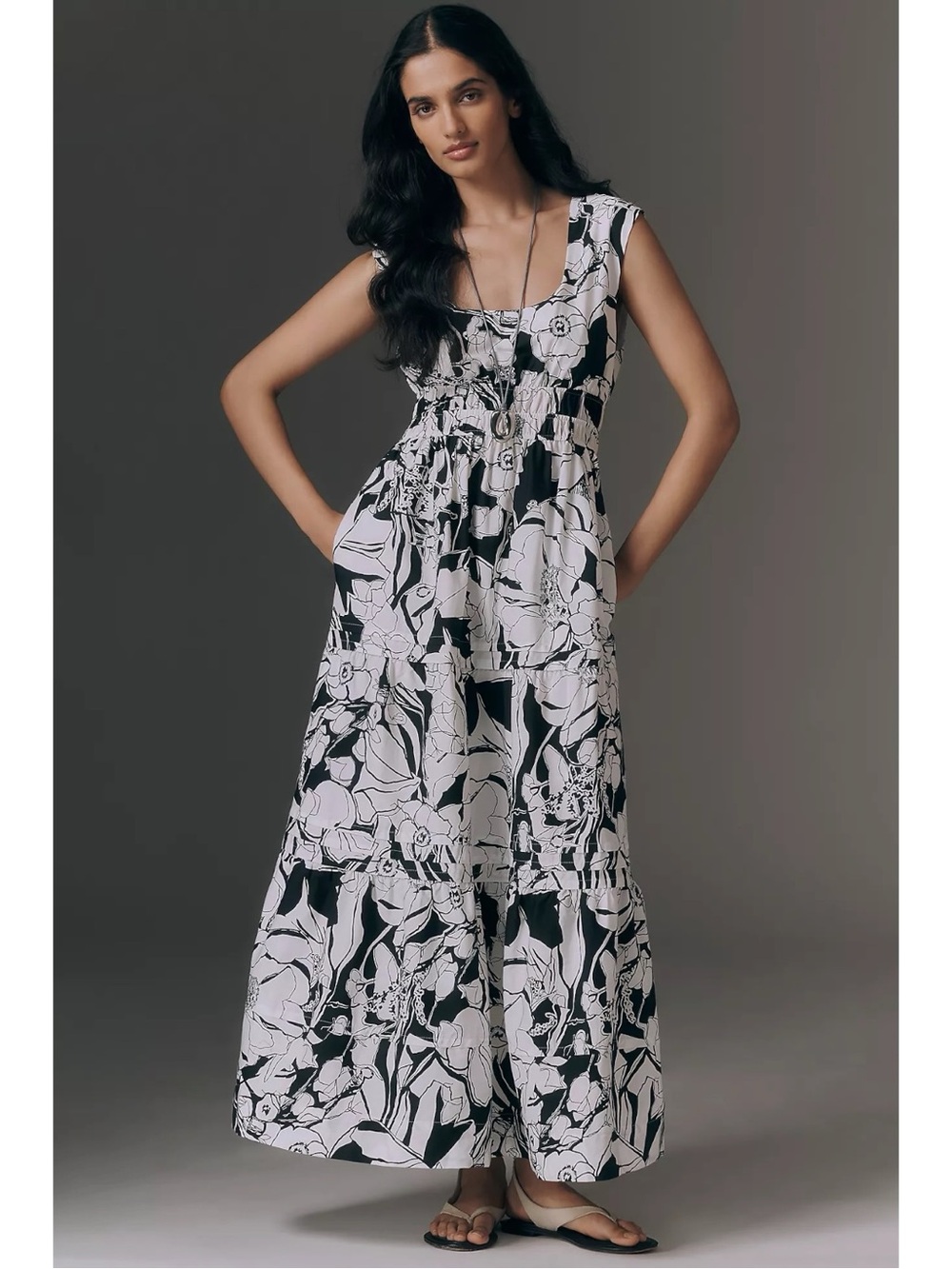 Anthropologie Somerset Sleeveless Maxi Dress Black White Floral Size Large